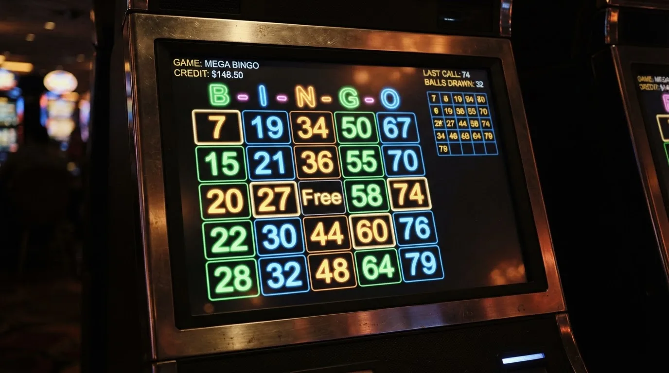 Ekran automatu do gry z kolorową planszą w stylu bingo i podświetlonymi liczbami