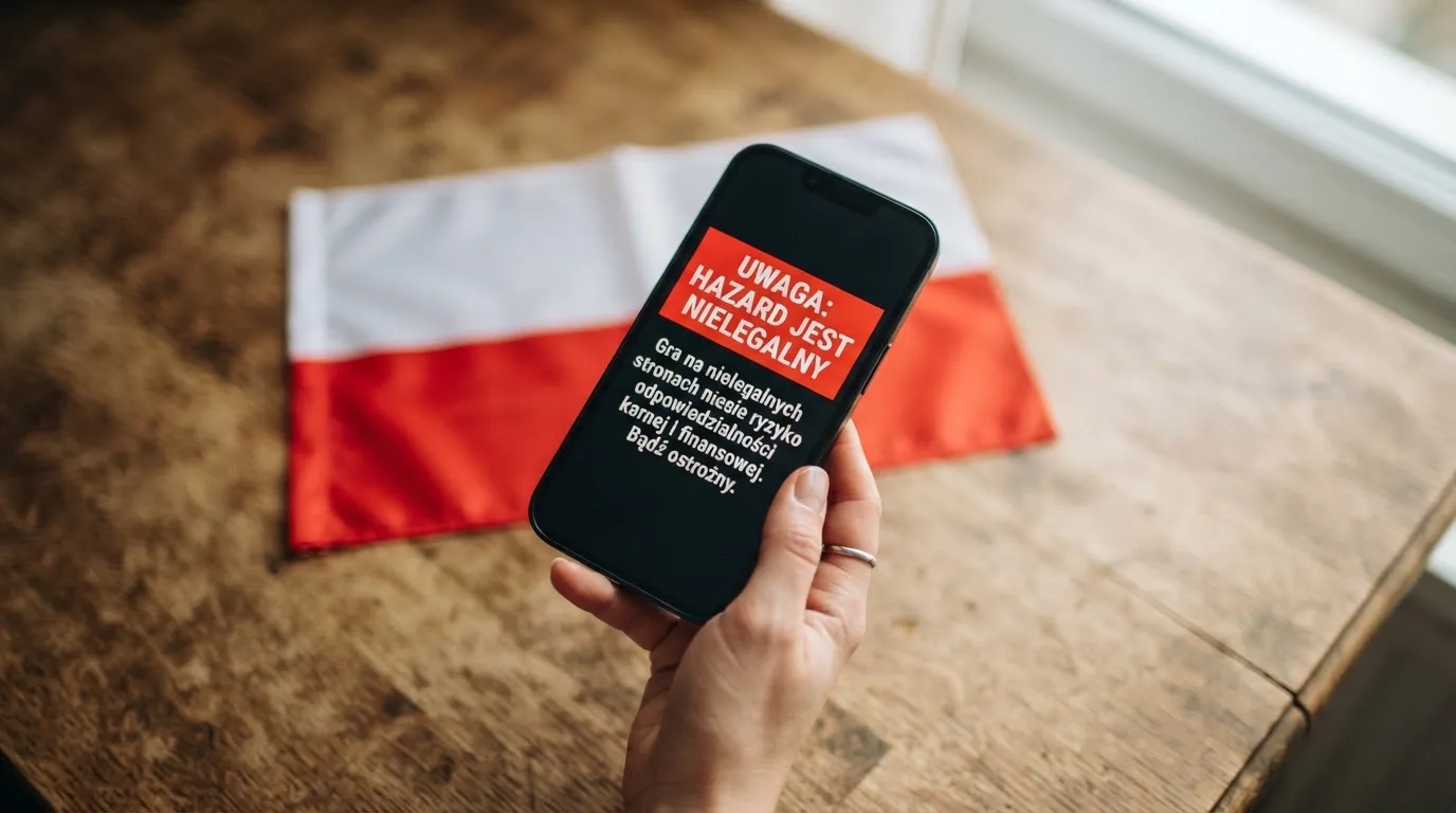 Dłoń trzymająca telefon z widocznym komunikatem ostrzegawczym o legalności hazardu online na tle biało-czerwonej flagi Polski.