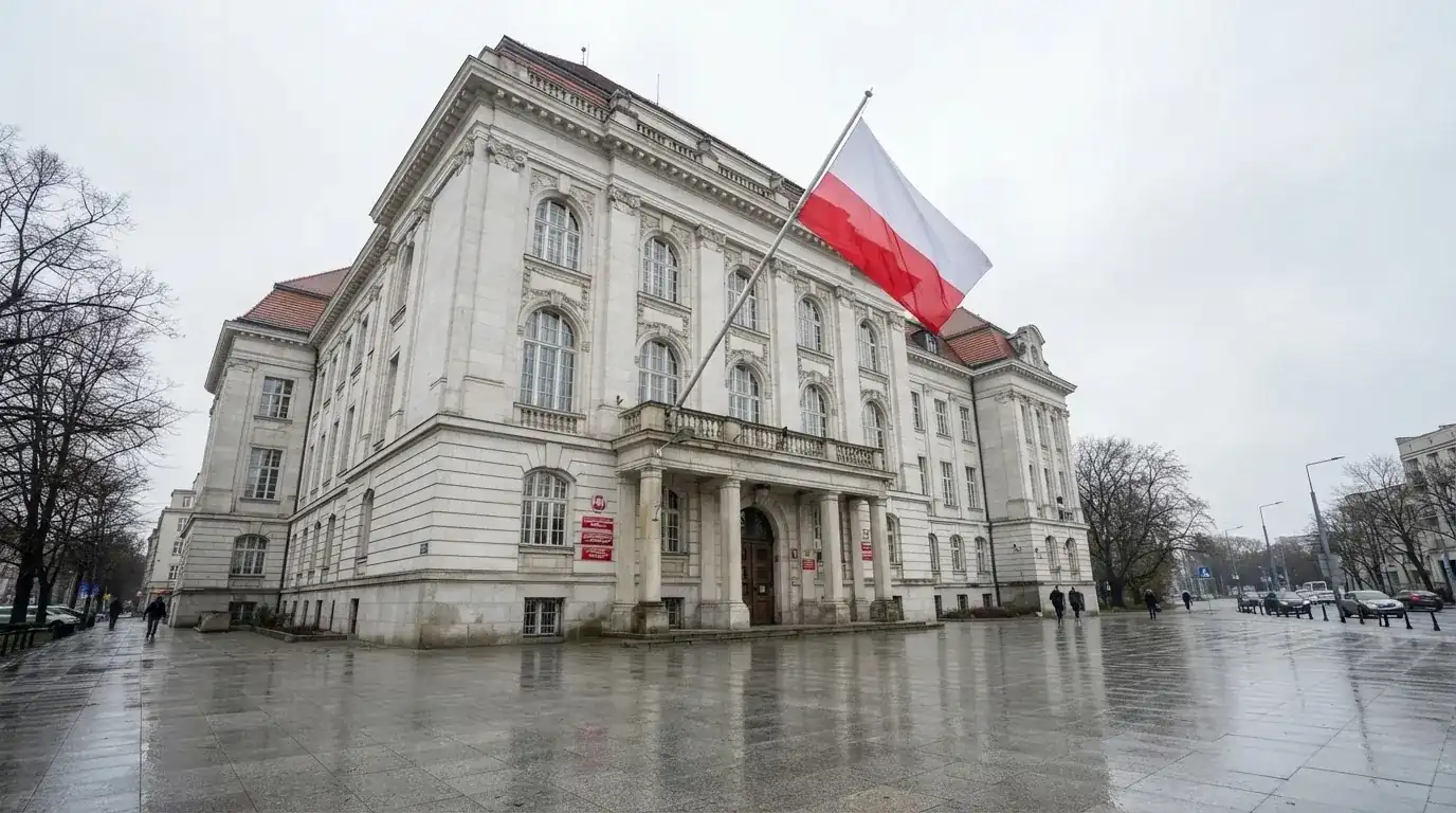 Fasada budynku instytucji państwowej z flagą Polski, symbol nadzoru regulatora nad rynkiem gier hazardowych
