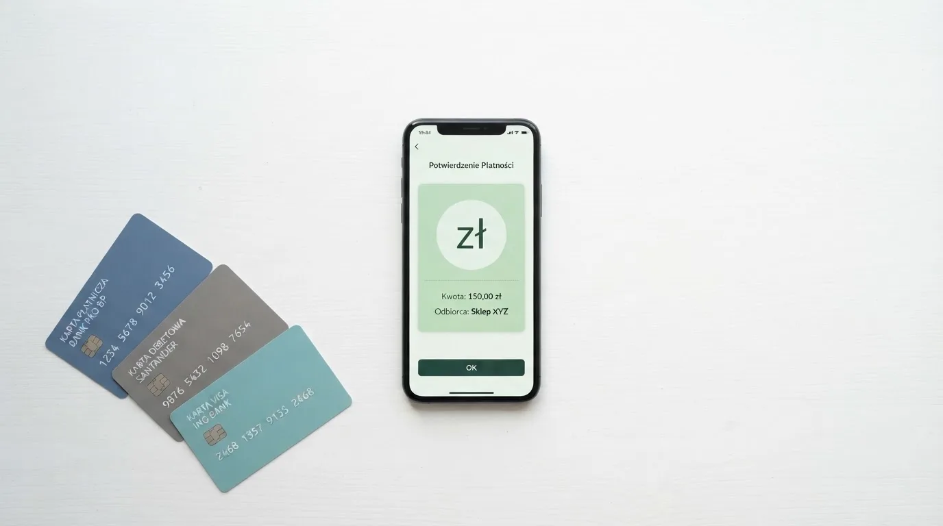 Ikony popularnych elektronicznych portfeli płatniczych obok telefonu z otwartą aplikacją bankową