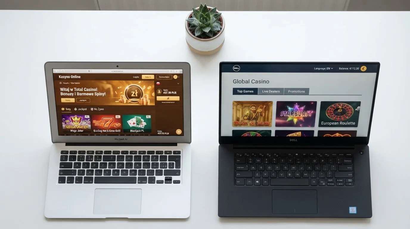 Dwa ekrany logowania kasyna online obok siebie na biurku, jeden z polskim interfejsem złotówkowym, symbolizujące porównanie dwóch różnych serwisów