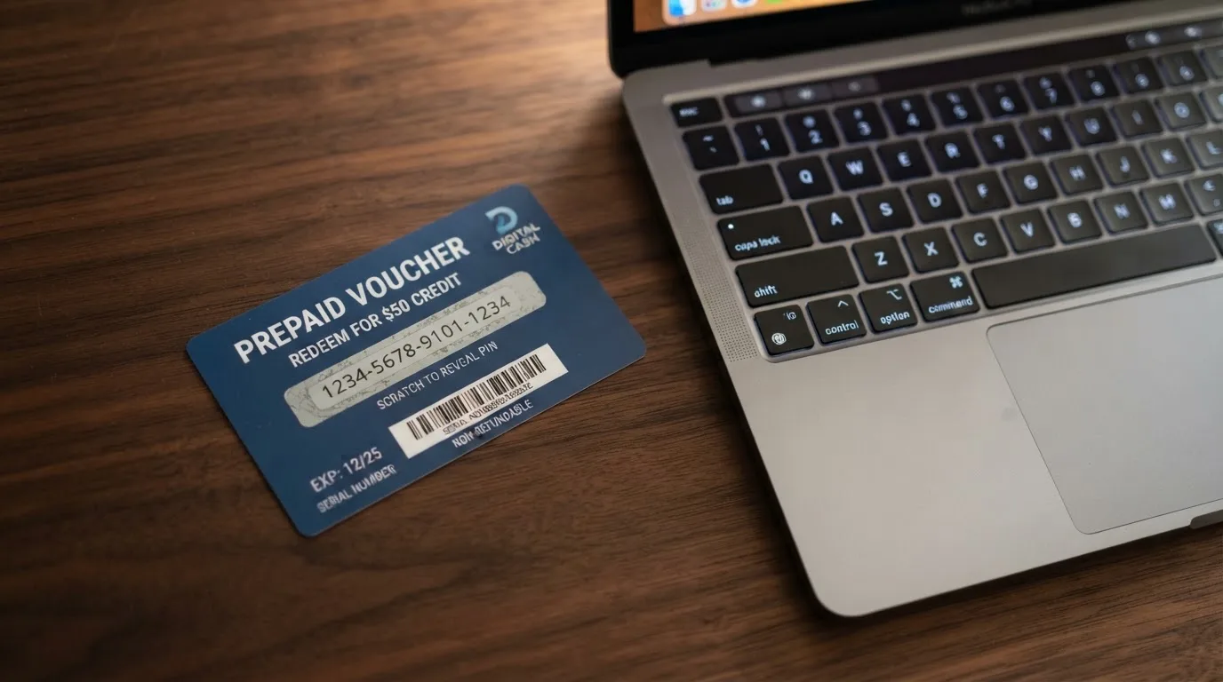 Karta przedpłacona Paysafecard z zasłoniętym polem kodu PIN obok klawiatury laptopa