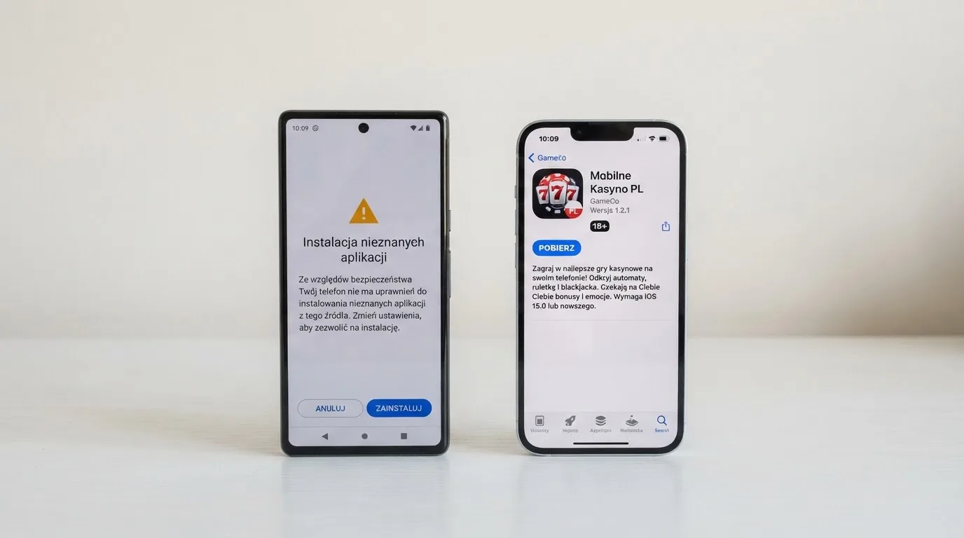 Dwa telefony obok siebie: na jednym komunikat zgody na instalację pliku APK z nieznanego źródła, na drugim strona aplikacji w sklepie z przyciskiem pobierania