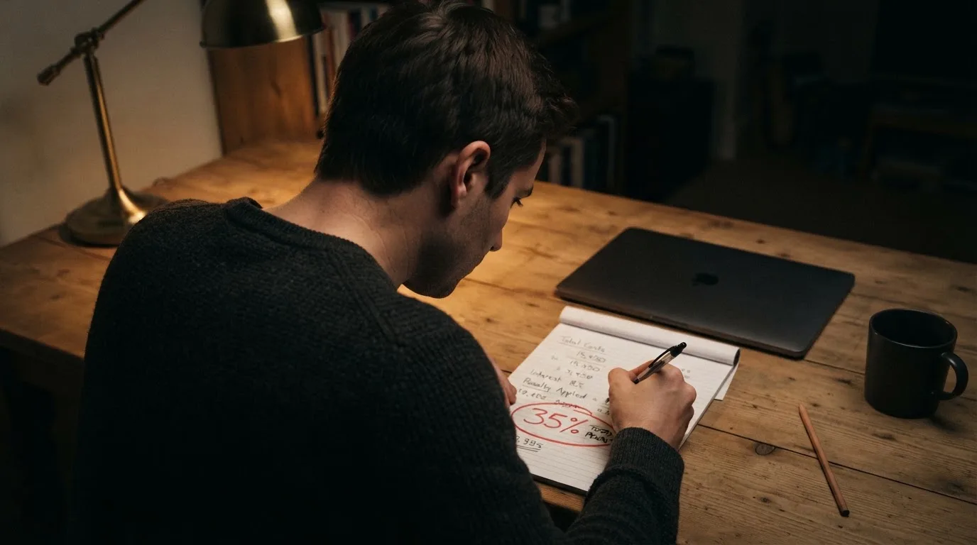 Osoba siedząca przy biurku z kalkulatorem i kartką, na której zapisano procentową wartość kary, obok zamknięty laptop.
