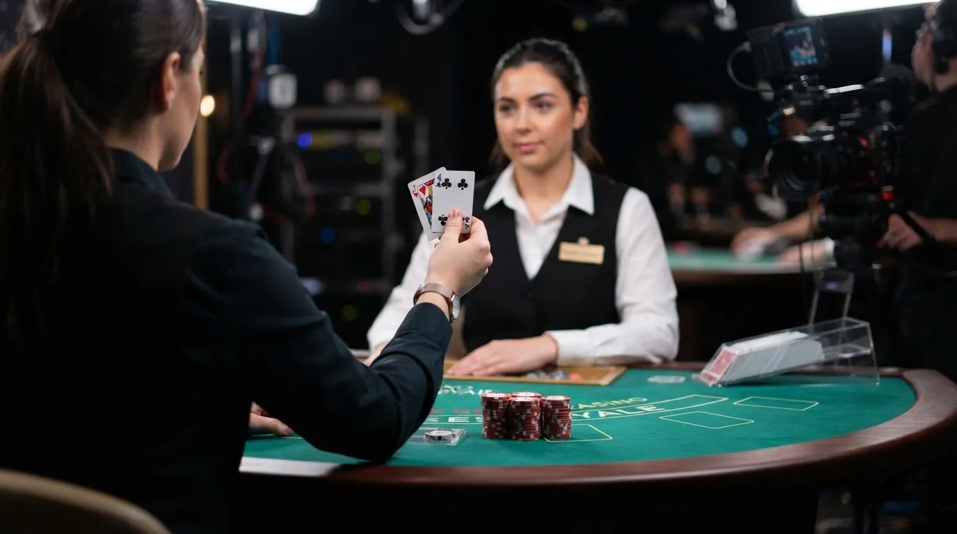 Krupier rozdający karty przy stole blackjacka podczas transmisji na żywo