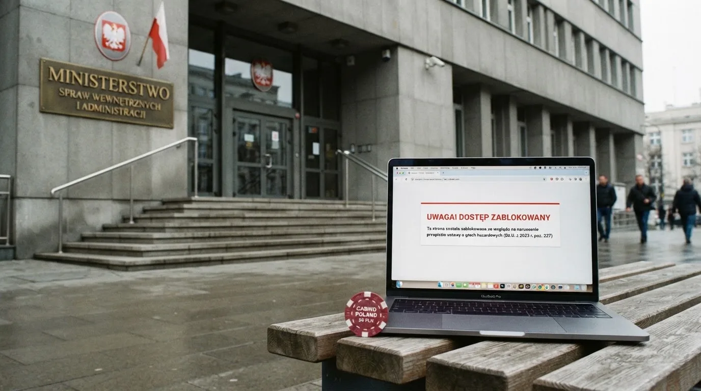 Budynek urzędu z tablicą ministerstwa, na pierwszym planie laptop z komunikatem o zablokowanej stronie kasyna