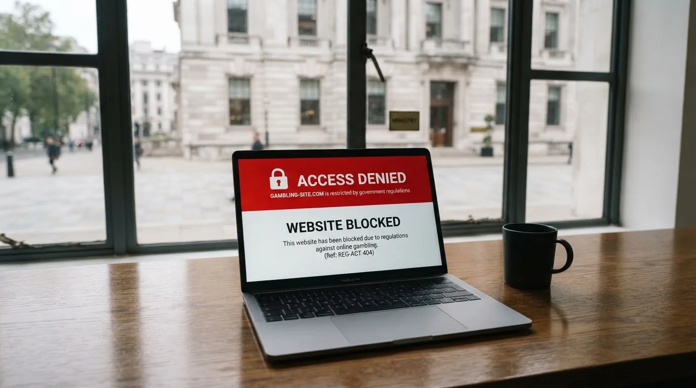 Laptop z komunikatem o zablokowanej stronie hazardowej, w tle budynek urzędu z tablicą ministerstwa