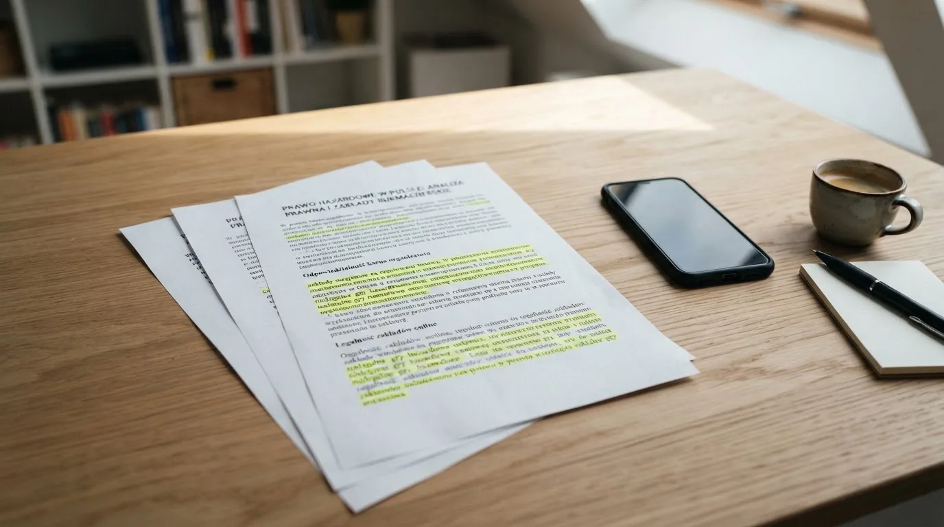 Wydruk ustawy o grach hazardowych z zakreślonymi artykułami leżący na biurku obok wyłączonego smartfona