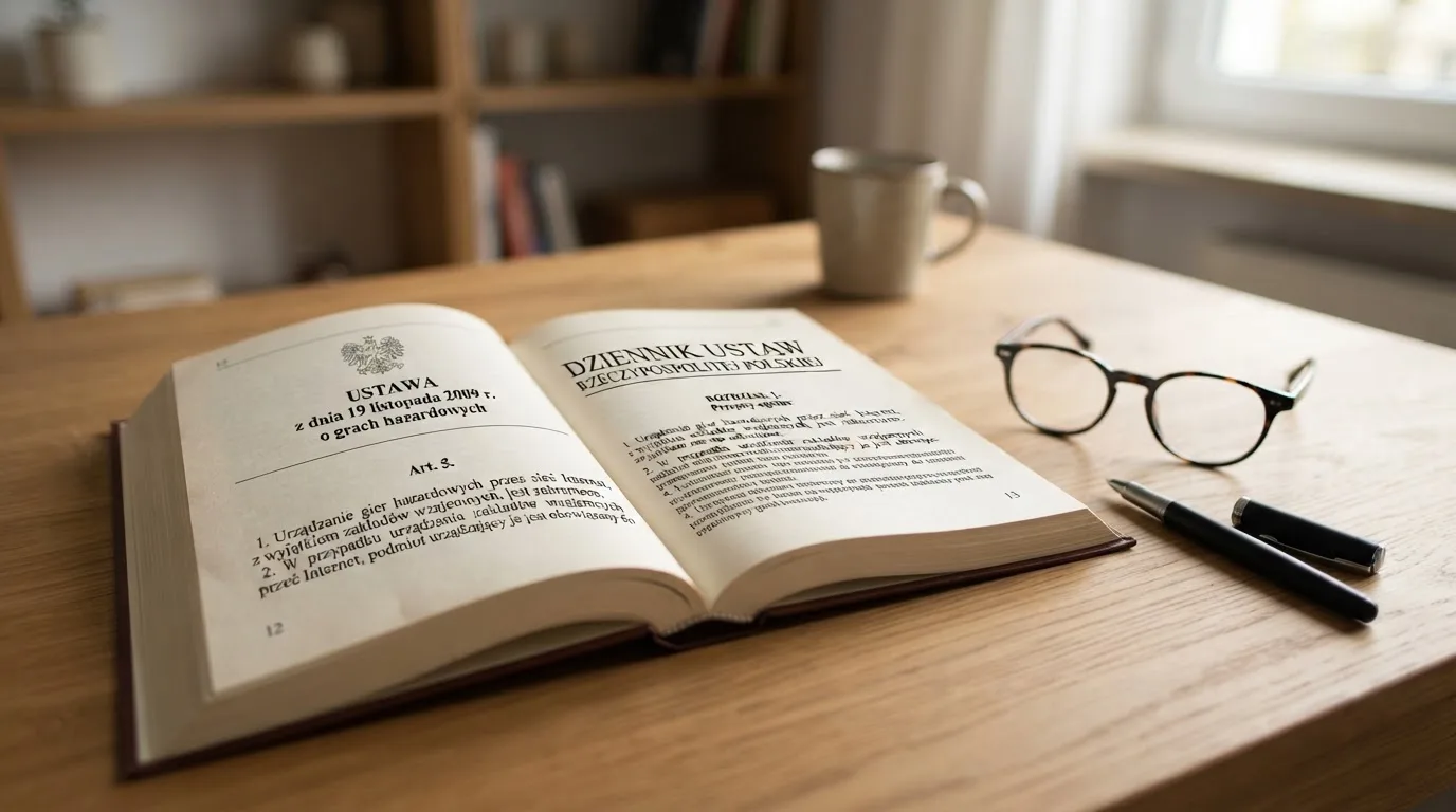 Wydrukowany tekst ustawy o grach hazardowych otwarty na artykule 5, obok okularów i długopisu na biurku
