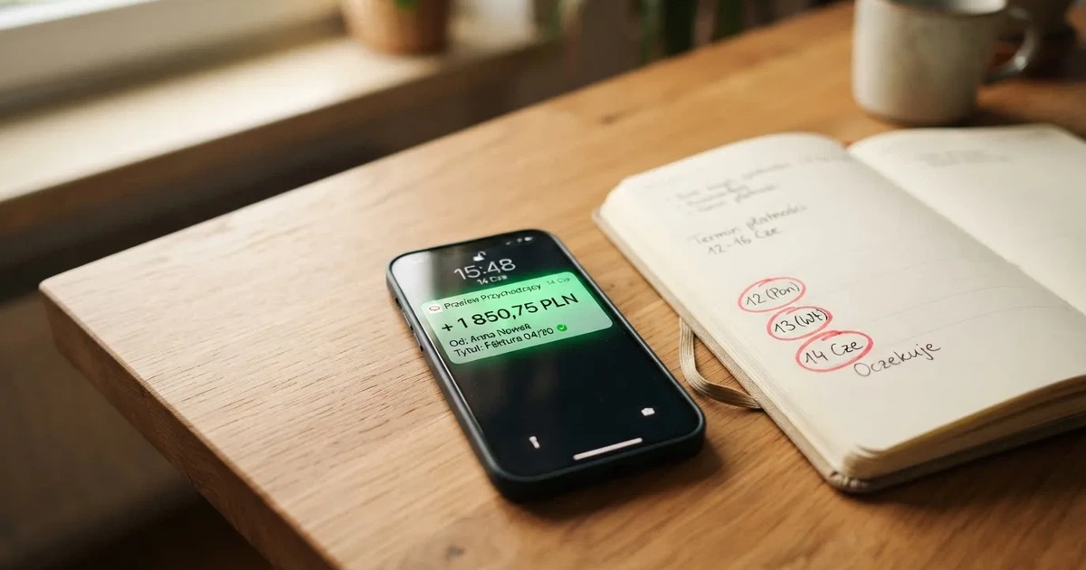 Smartfon na biurku z otwartą aplikacją bankową, w której widać przychodzący przelew w złotych, obok kalendarz z zaznaczonymi dniami roboczymi