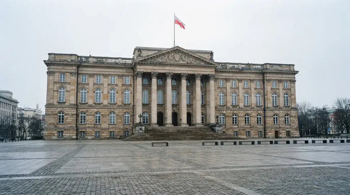 Budynek urzędu administracji państwowej z flagą Polski na maszcie w tle