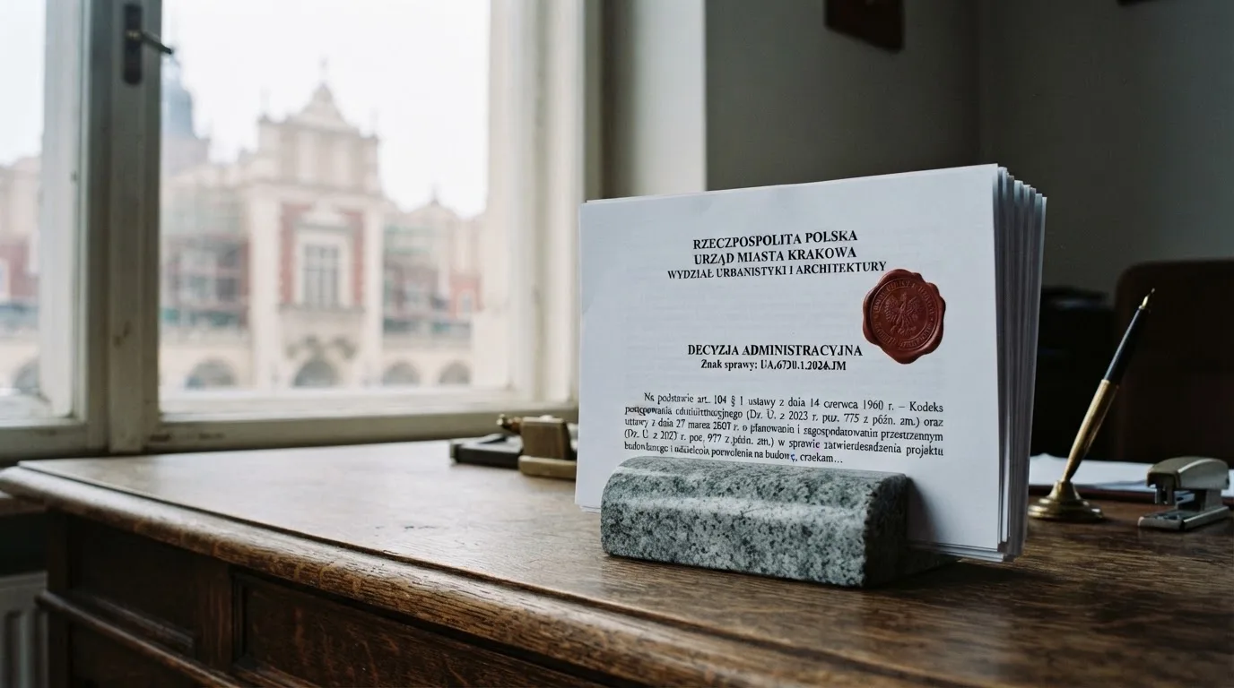 Stos dokumentów urzędowych i pieczęć na biurku, w tle sylwetka budynku administracji publicznej