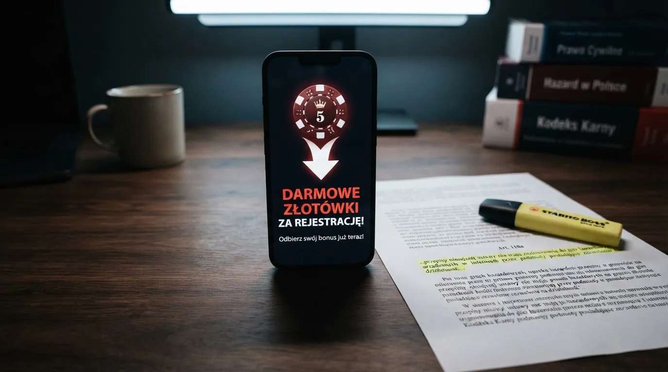 Telefon z banerem obiecującym darmowe złotówki za założenie konta, obok wydrukowany tekst ustawy o grach hazardowych z zaznaczonym artykułem