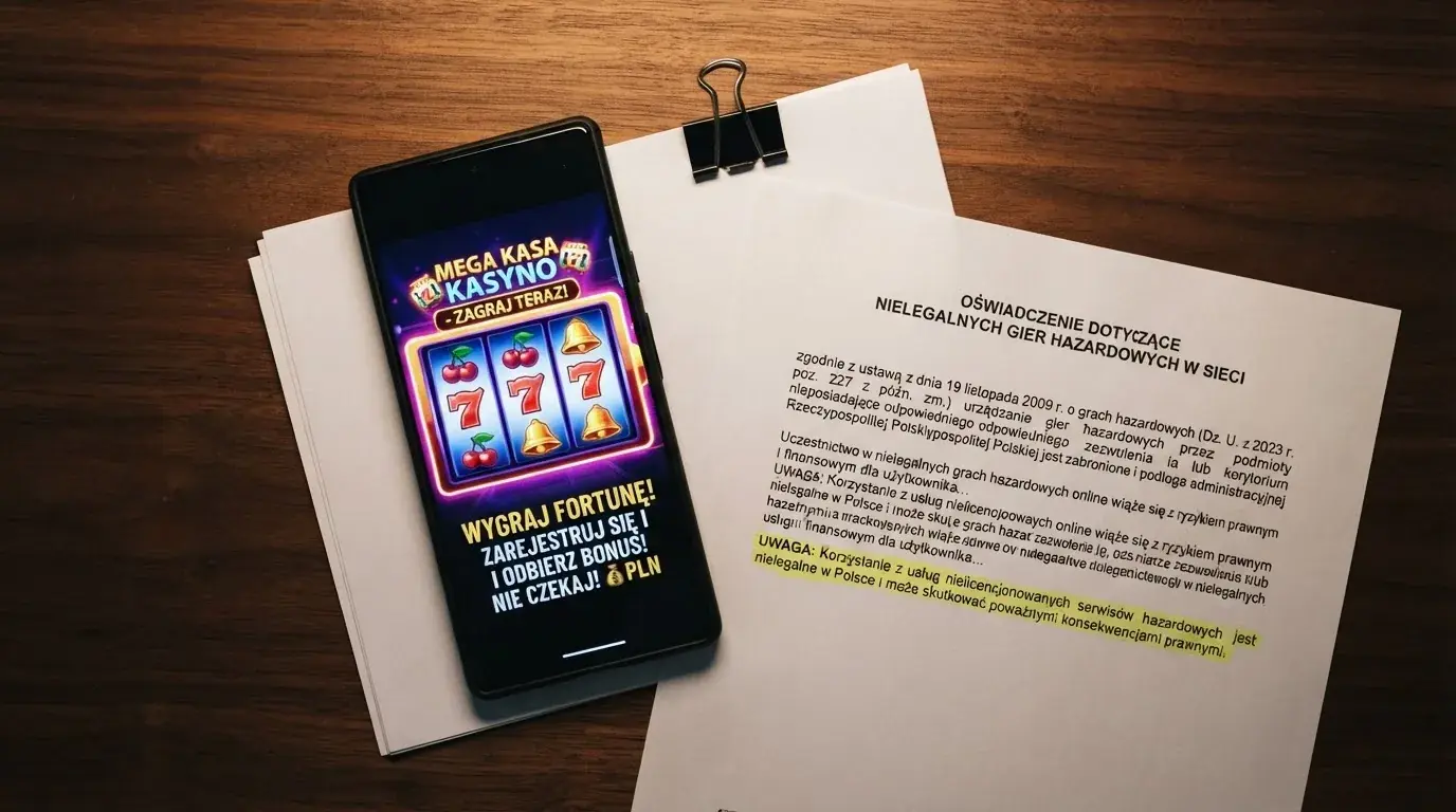 Telefon z wyskakującym banerem obiecującym darmowe złotówki za rejestrację, obok wydruk ustawy o grach hazardowych