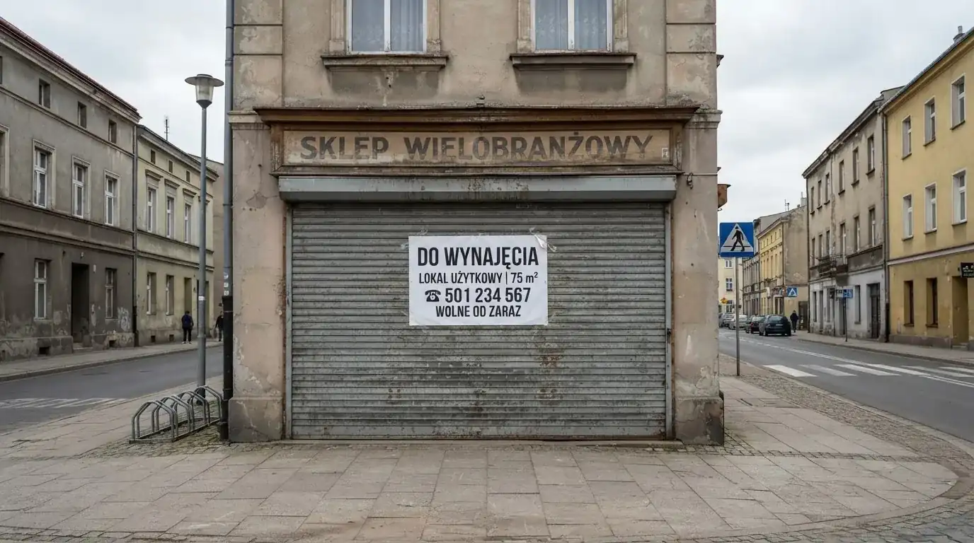 Pusty, zamknięty lokal handlowy z tabliczką „do wynajęcia”, symbolizujący brak działających salonów gry bingo pieniężne