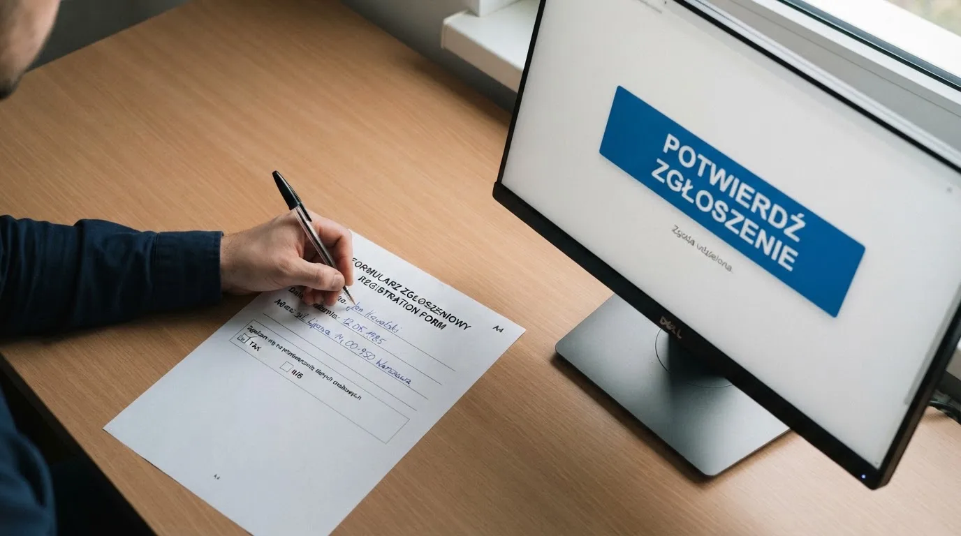 Ręka wypełniająca długopisem prosty formularz na kartce papieru przy komputerze, na ekranie widoczny jeden przycisk potwierdzenia.