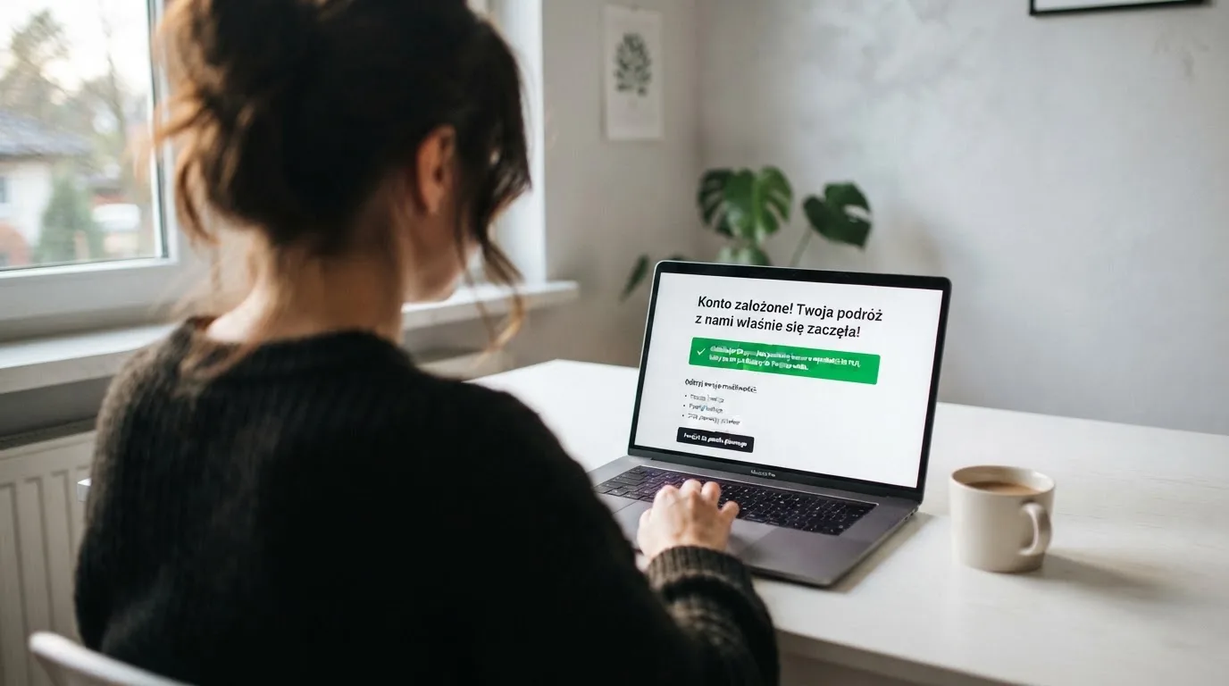 Ekran potwierdzenia założenia konta gracza w kasynie internetowym z komunikatem o bonusie startowym bez wpłaty