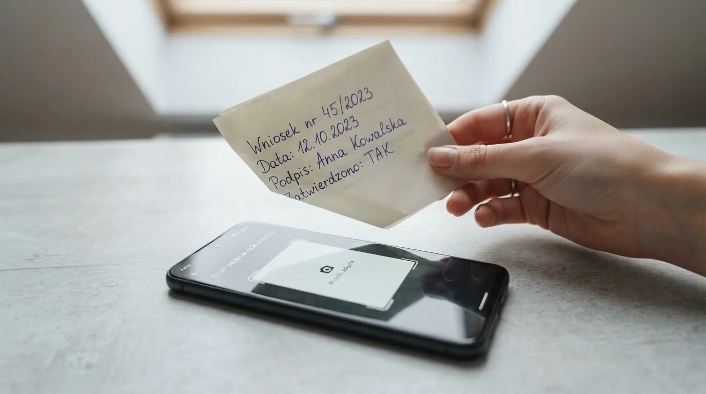 Dłoń trzymająca dowód osobisty nad smartfonem z otwartym formularzem przesyłania zdjęcia dokumentu