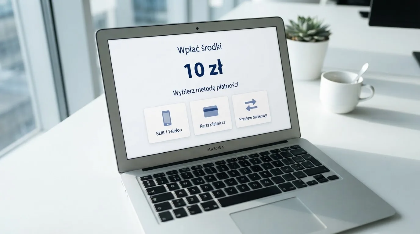 Laptop z otwartym oknem wpłaty na kwotę 10 zł i listą metod: BLIK, karta płatnicza, szybki przelew
