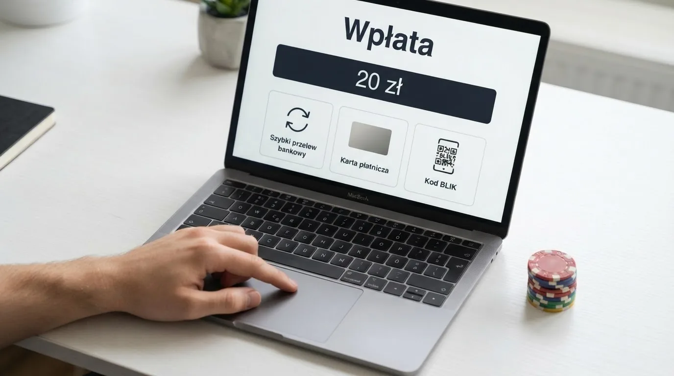 Laptop z otwartym formularzem wpłaty na kwotę 20 zł i wyborem między szybkim przelewem, kartą płatniczą a BLIK-iem